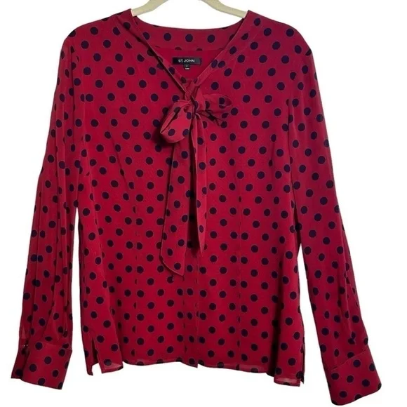 St John Silk Polka Dot Blouse Neck Tie Red Blue Size 12 - Picture 4 of 16